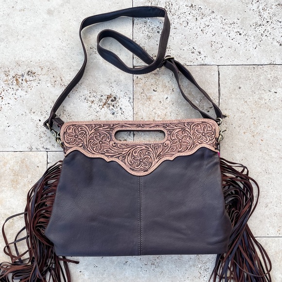 Tooled Leather Cowhide Fringe Tassel clutch crossbody purse pink + silver specs - Picture 9 of 11